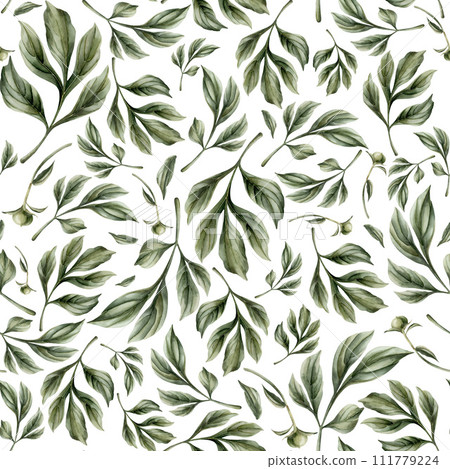 Floral watercolor seamless pattern with green leaves on white background. For use in design, fabric, textile, scrapbooking, wallpaper, wrapping papper, gift boxes, greeting cards, background. 111779224