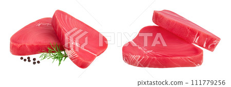 Fresh tuna fish fillet steak with rosemary and peppercorns isolated on white background with full depth of field Fresh tuna fish fillet steak with rosemary and peppercorns isolated on white background with full depth of field 111779256