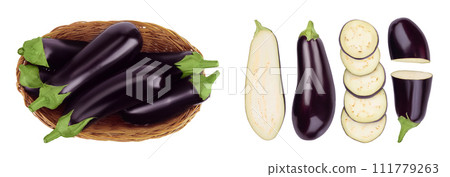 eggplant in a wicker basket isolated on white background with full depth of field. Top view. Flat lay 111779263