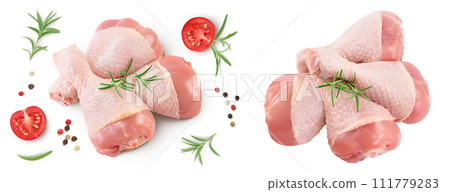 Raw chicken leg or drumstick isolated on white background with full depth of field. Top view. Flat lay 111779283