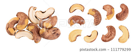 cashew nuts heap with shell isolated on white background. Top view. Flat lay cashew nuts heap with shell isolated on white background. Top view. Flat lay 111779299