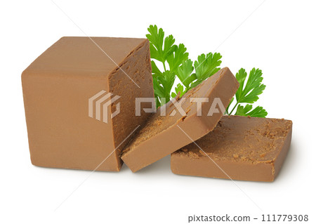 Brown cheese. Norwegian brunost isolated on white background with full depth of field Brown cheese. Norwegian brunost isolated on white background with full depth of field 111779308