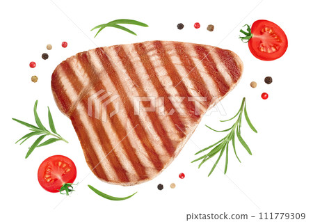 Tuna fish steak grilled isolated on white background . Top view. Flat lay Tuna fish steak grilled isolated on white background . Top view. Flat lay 111779309