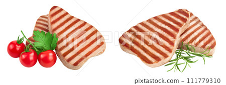 Tuna fish steak grilled isolated on white background with full depth of field Tuna fish steak grilled isolated on white background with full depth of field 111779310