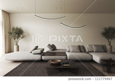 Minimalist living room design with modular sofa and unique lighting. 3d rendering Minimalist living room design with modular sofa and unique lighting. 3d rendering 111779467