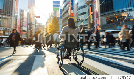 Woman Crossing Street in Wheelchair 111779547