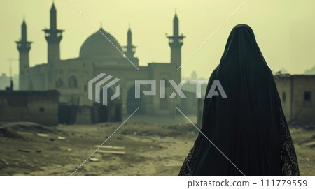 Silhouette of Woman in Niqab at Dusk Silhouette of Woman in Niqab at Dusk 111779559