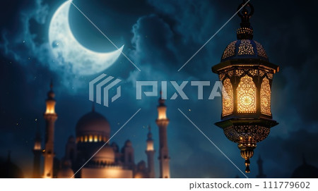 Ramadan Lantern and Crescent Moon 111779602
