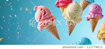 Flying Ice Cream Cones with Colorful Splashes Flying Ice Cream Cones with Colorful Splashes 111779613