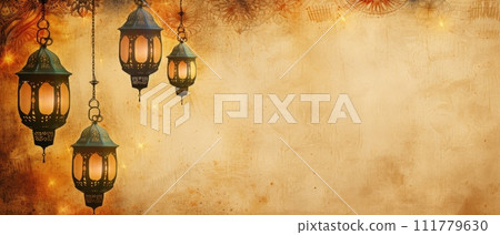 Islamic Lantern Garland and Crescent Moon Islamic Lantern Garland and Crescent Moon 111779630