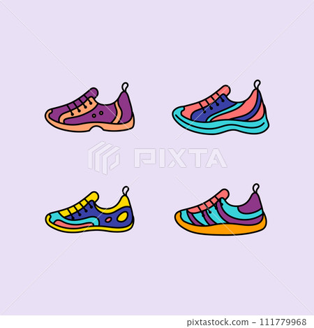 Comfortable Sneaker Shoes Color Thin Line Icons Set Fitness Training Footwear Concept. Vector illustration of Sport Shoe 111779968