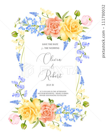Spring floral frame with rose flower, ranunculus, delphinium, hyacinth and sweet pea. 111780032