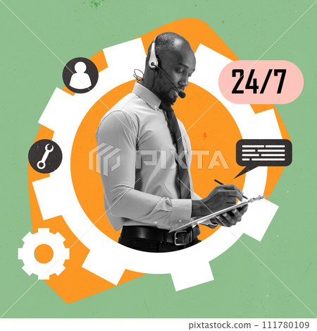 Male customer support operator available anytime working online, listening to people's problems, making notes. Contemporary art collage. 111780109
