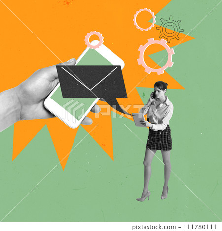 Concentrated serious young woman, customer support operator talking on phone with customer. Online communication. Contemporary art collage. 111780111