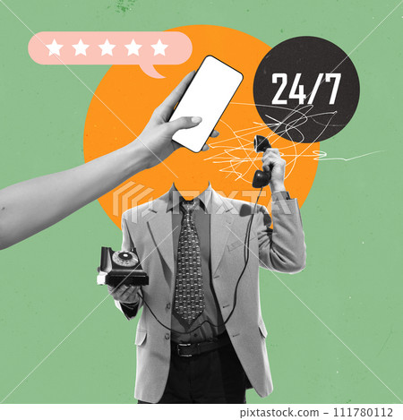 Headless man, operator working all day long, communicating with customers and receiving 5 stars rating. Contemporary art collage. Headless man, operator working all day long, communicating with customers and receiving 5 stars rating. Contemporary art collage. 111780112