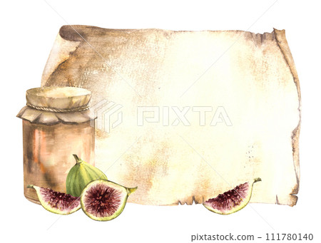 Watercolor fig jam in a glass jar, fruit Jelly, fresh whole and cut figs and slice on old papyrus leaf background. Hand drawn illustration template. Marmalade or drink label, print. Isolated clipart Watercolor fig jam in a glass jar, fruit Jelly, fresh whole and cut figs and slice on old papyrus leaf background. Hand drawn illustration template. Marmalade or drink label, print. Isolated clipart 111780140