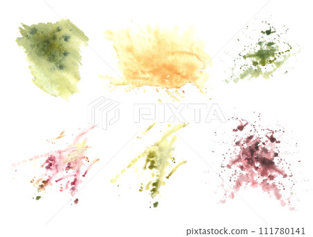 Hand painted watercolor abstract set Illustration. Colour yellow, purple and green spots and splashes, brush strokes.Perfect texture base for design card print, sticker, log. Isolated white background 111780141
