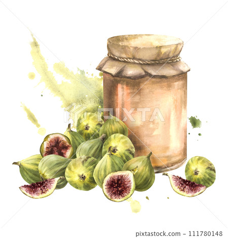 Watercolor fig jam in a glass jar, fresh whole and cut figs and slice on watercolor splashes background. Hand drawn illustration fruit Jelly and marmalade or drink label, sticker, logo print. Isolated 111780148