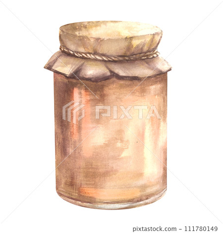 Watercolor fig jam in a glass jar, fresh whole and cut figs and slice on watercolor splashes background. Hand drawn illustration fruit Jelly and marmalade or drink label, sticker, logo print. Isolated 111780149