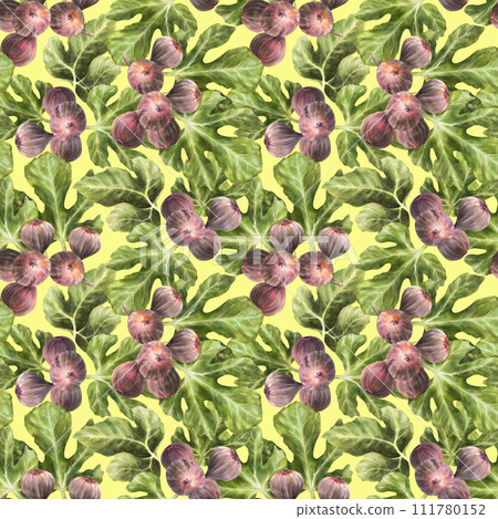 Branch of juicy, ripe purple figs with leaves and whole. Plant seamless pattern Clipart for packaging, wallpaper, textiles, fabric watercolor painted illustration. Isolated coloured background 111780152