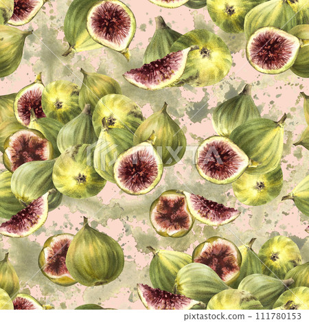 Pile of ripe juicy green purple figs, picked fruit seamless pattern on watercolor stains light background. Food plant clipart for label wallpaper packaging, textile. Hand drawn illustration Isolated Pile of ripe juicy green purple figs, picked fruit seamless pattern on watercolor stains light background. Food plant clipart for label wallpaper packaging, textile. Hand drawn illustration Isolated 111780153