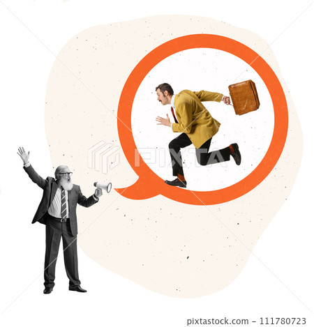 Modern aesthetic artwork. Skilled business man holds megaphone and shouting, another man with bag running in speech bubble looks like lope. Modern aesthetic artwork. Skilled business man holds megaphone and shouting, another man with bag running in speech bubble looks like lope. 111780723