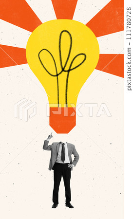 Modern aesthetic artwork. Skilled businessman with bright light bulb instead of head raised hand. Creativity and inspiration. Modern aesthetic artwork. Skilled businessman with bright light bulb instead of head raised hand. Creativity and inspiration. 111780728