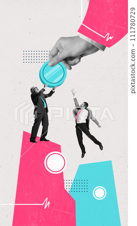 Contemporary art collage. One hands give coin to skilled businessman and another man stands lower and jumping trying rich money too. Contemporary art collage. One hands give coin to skilled businessman and another man stands lower and jumping trying rich money too. 111780729