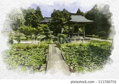 水彩風格的上越輪泉寺境內新潟縣上越市 水彩風格的上越輪泉寺境內新潟縣上越市 111780758