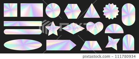 Set of holographic stickers. Hologram labels of different geometric shapes with iridescent foil adhesive film. Colored blank rainbow shiny emblems, figures. Vector illustration. 111780934