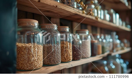 shelves with glass jars filled with groceries. concept of zero waste home and lifestyle shelves with glass jars filled with groceries. concept of zero waste home and lifestyle 111780996