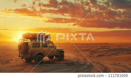 SUV offroad adventure in the red desert on the sand dune 111781000