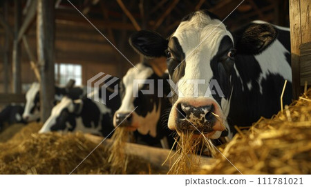 Row of cows standing by edge of large paddock inside contemporary animal farm and looking at camera while eating Row of cows standing by edge of large paddock inside contemporary animal farm and looking at camera while eating 111781021