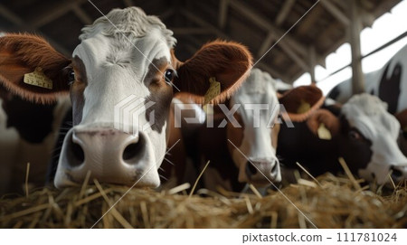 Row of cows standing by edge of large paddock inside contemporary animal farm and looking at camera while eating 111781024