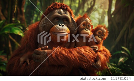 Mother orangutan with her cute babies in the grass 111781034