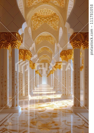 Decorated mosque marble columns on the top with like golden palm in corridor without people inside Decorated mosque marble columns on the top with like golden palm in corridor without people inside 111781058