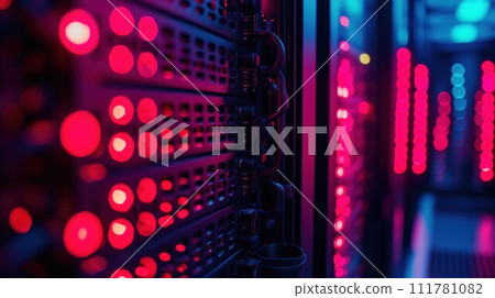 Shot of Data Center With Multiple Rows of Fully Operational Server Racks. Modern Telecommunications, Artificial Intelligence, Supercomputer Shot of Data Center With Multiple Rows of Fully Operational Server Racks. Modern Telecommunications, Artificial Intelligence, Supercomputer 111781082