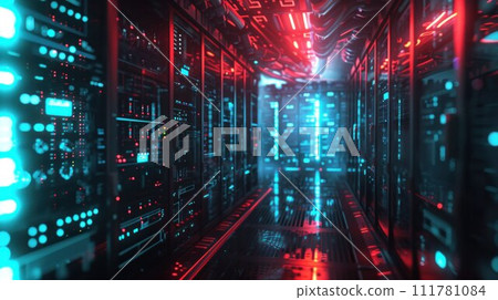 Shot of Data Center With Multiple Rows of Fully Operational Server Racks. Modern Telecommunications, Artificial Intelligence, Supercomputer Shot of Data Center With Multiple Rows of Fully Operational Server Racks. Modern Telecommunications, Artificial Intelligence, Supercomputer 111781084