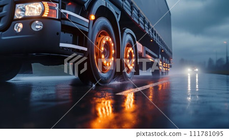 Truck chassis and orange wheels on a wet road in rainy weather, close-up. Safety concept and tire grip on wet road 111781095