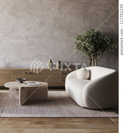 Contemporary living room with plush sofa and natural wooden elements 111781239
