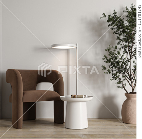 Modern cozy corner with elegant brown chair and sleek floor lamp 111781245