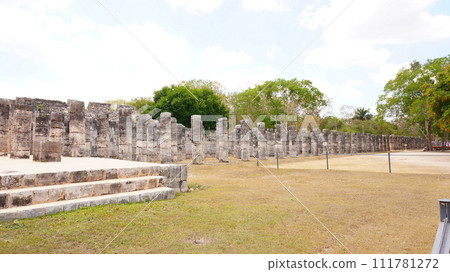 A group of stone pillars in front of the Temple of Warriors, ``The Room of a Thousand Pillars'' [Chichen Itza, Mexico] 111781272