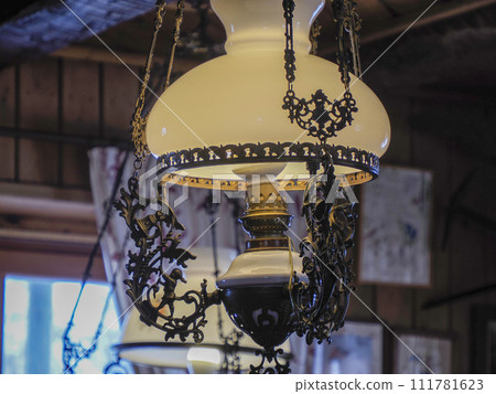 Art Nouveau oil suspended lamp - glass, bronze and cast iron Old fashioned petroleum lamp converted to electricity 111781623