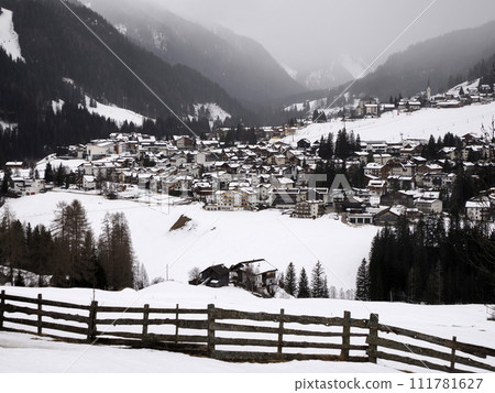 la villa village badia valley view on winter season dolomites Italy on snowy day 111781627