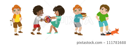 Angry Warring and Bullying Kids Fighting Vector Set 111781688