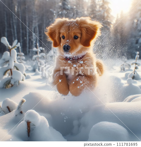 坐在雪地裡的玩具貴賓犬 坐在雪地裡的玩具貴賓犬 111781695