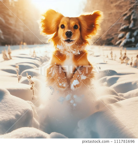 狗在雪地裡玩 111781696