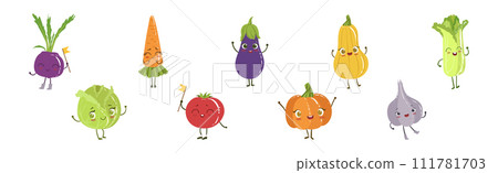 Ripe Funny Vegetable Character with Smiling Face Vector Set 111781703