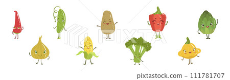 Ripe Funny Vegetable Character with Smiling Face Vector Set Ripe Funny Vegetable Character with Smiling Face Vector Set 111781707