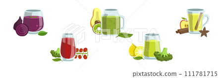 Bright Smoothie Drink in Glass Jar with Ingredients Vector Set Bright Smoothie Drink in Glass Jar with Ingredients Vector Set 111781715